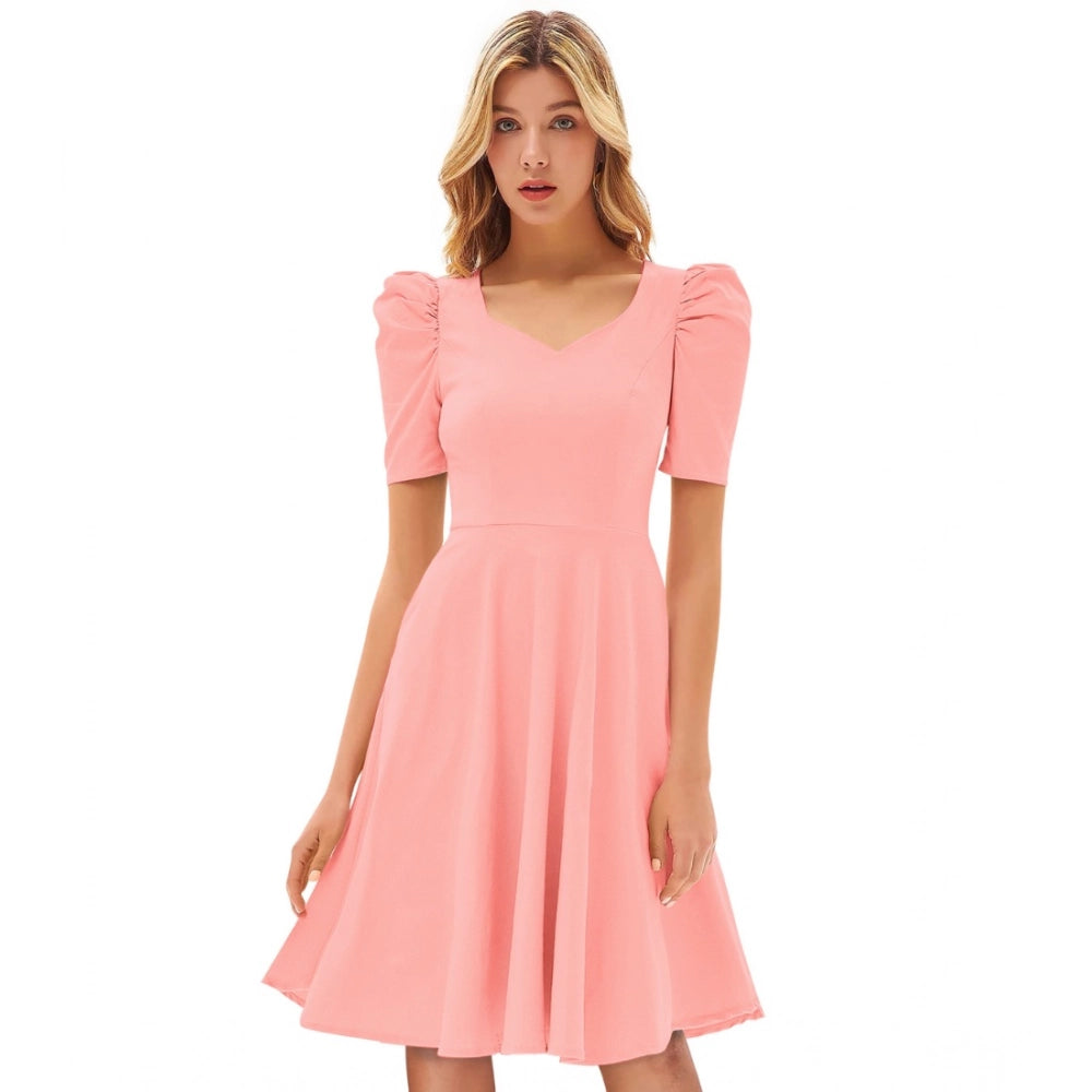Snuggle Spot Women's Knitting stretchable Solid V Neck Cap Sleeve Dress (Peach)