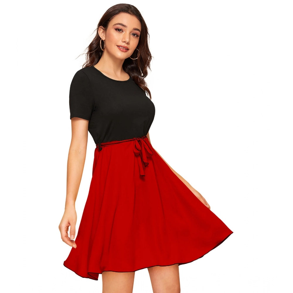 Snuggle Spot Women's Knitting stretchable Solid Round Neck Cap Sleeve Dress (Red)