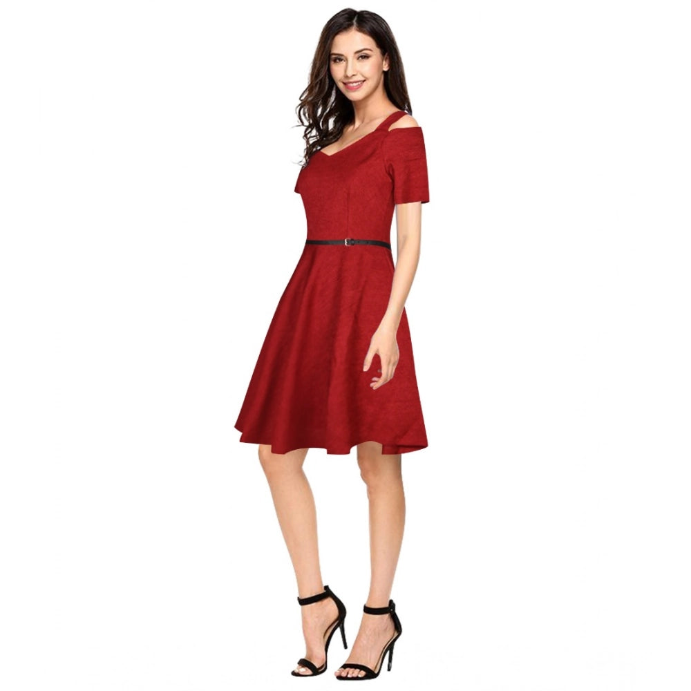 Snuggle Spot Women's Polyester Solid V Neck Cap Sleeve Dress (Maroon)