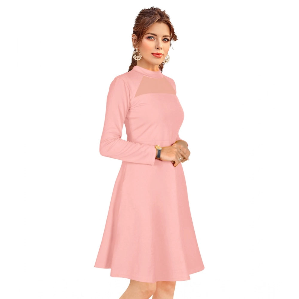 Snuggle Spot Women's Knitting stretchable Solid Round Neck Full Sleeve Dress (Peach)
