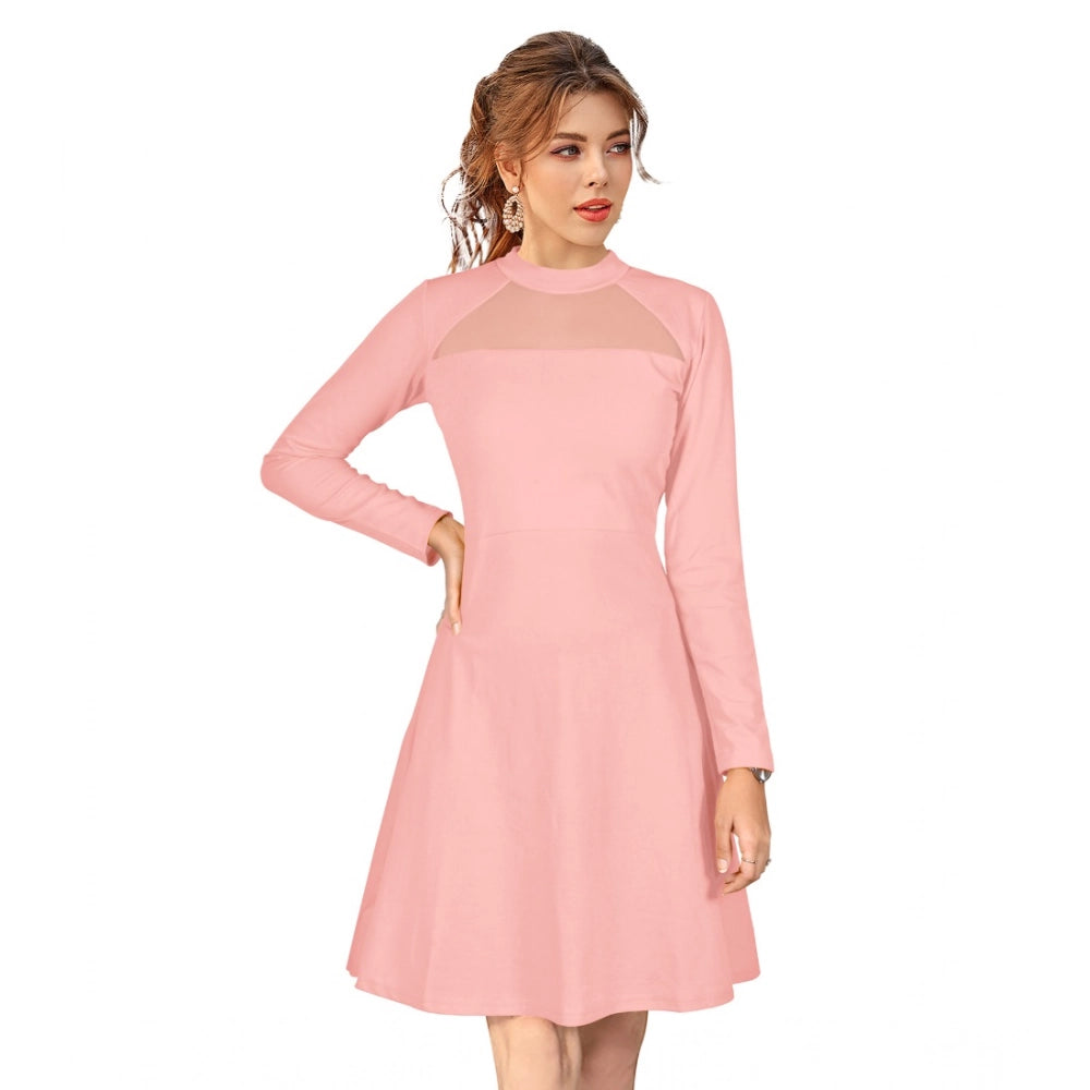 Snuggle Spot Women's Knitting stretchable Solid Round Neck Full Sleeve Dress (Peach)