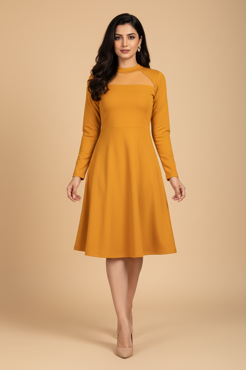 Snuggle Spot Women's Knitting stretchable Solid Round Neck Full Sleeve Dress (Yellow)