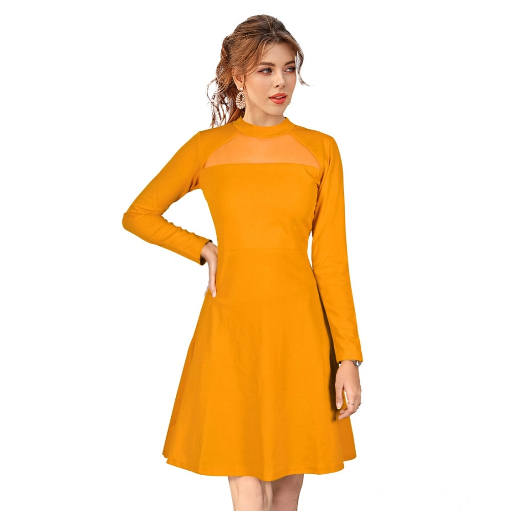 Snuggle Spot Women's Knitting stretchable Solid Round Neck Full Sleeve Dress (Yellow)