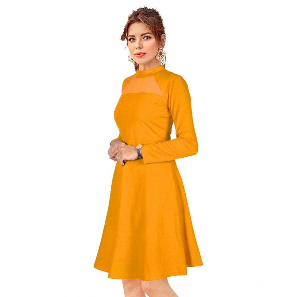 Snuggle Spot Women's Knitting stretchable Solid Round Neck Full Sleeve Dress (Yellow)