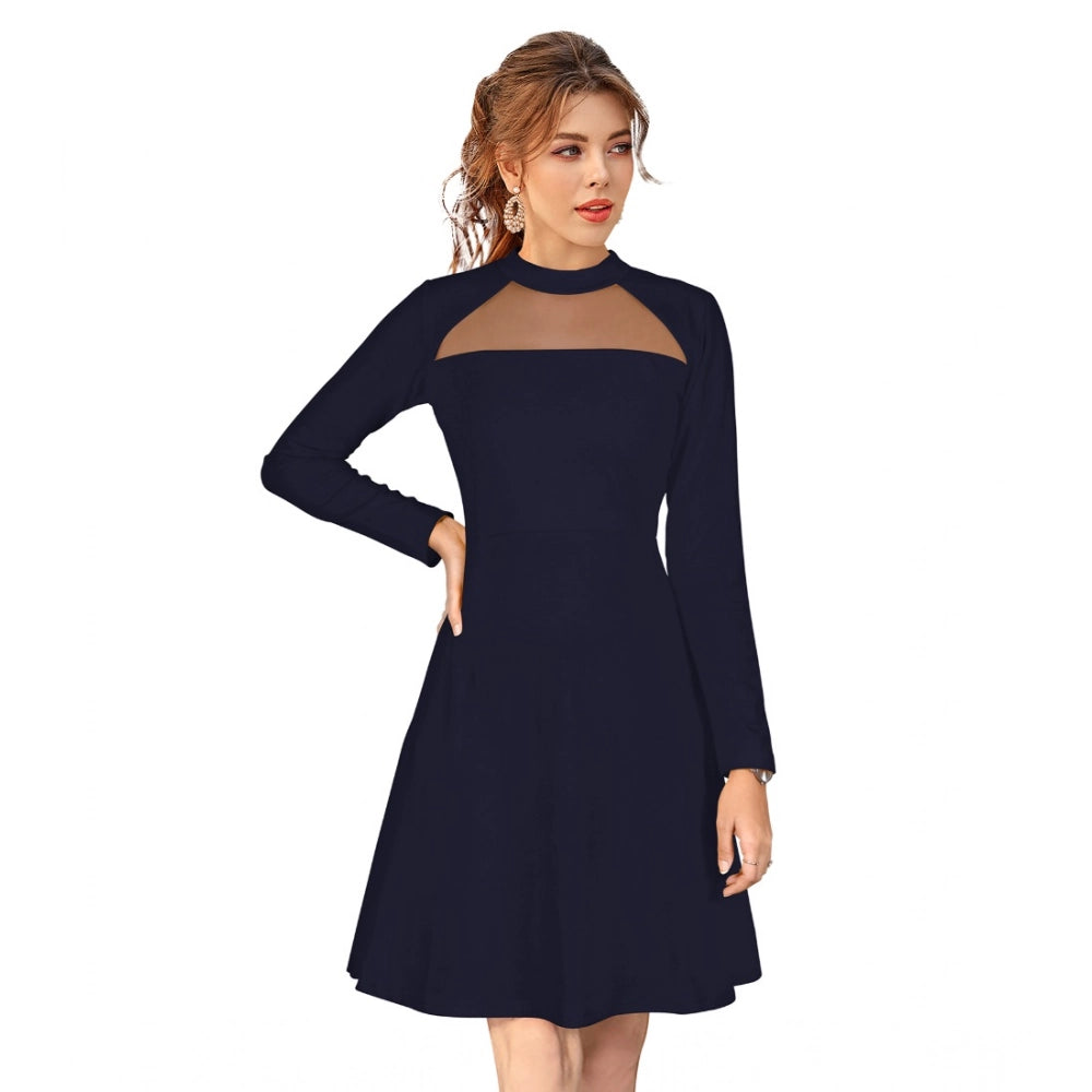 Snuggle Spot Women's Knitting stretchable Solid Round Neck Full Sleeve Dress (Blue)