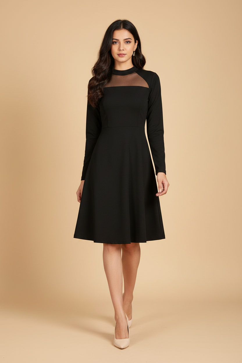 Snuggle Spot Women's Knitting stretchable Solid Round Neck Full Sleeve Dress (Black)