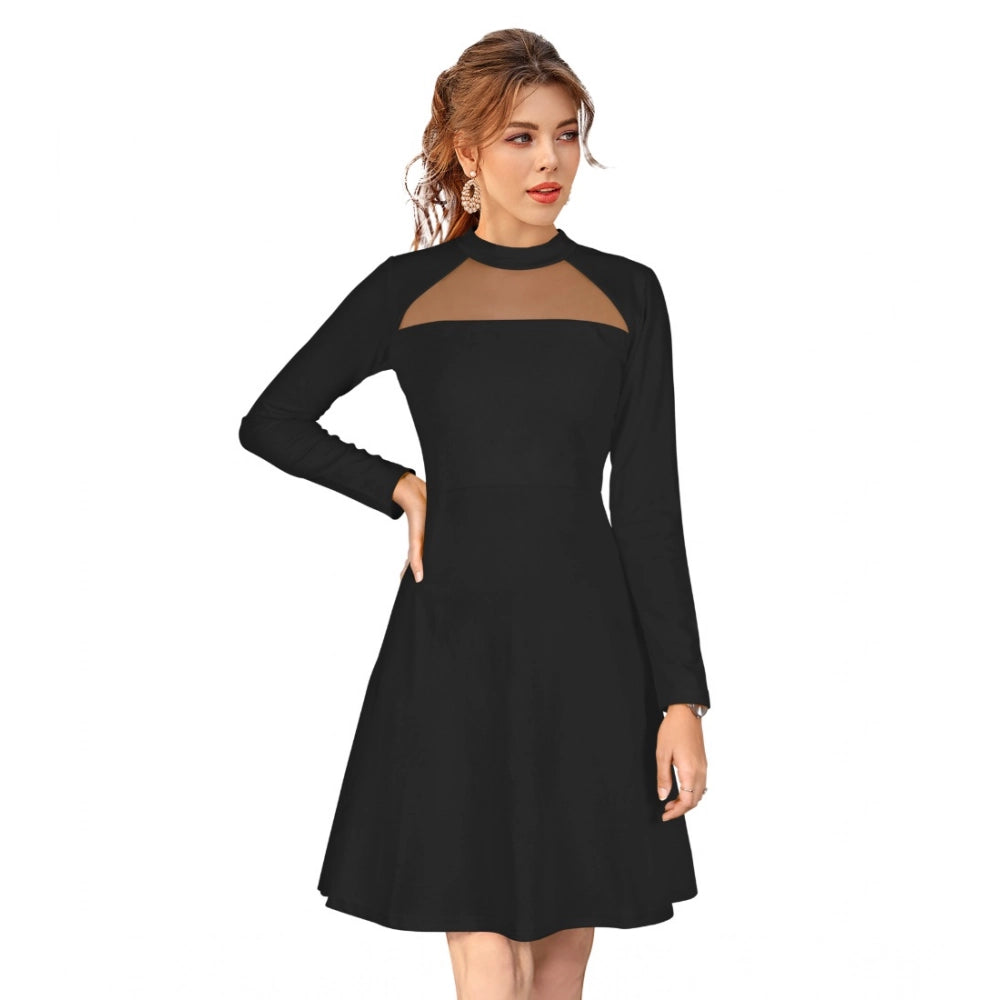 Snuggle Spot Women's Knitting stretchable Solid Round Neck Full Sleeve Dress (Black)