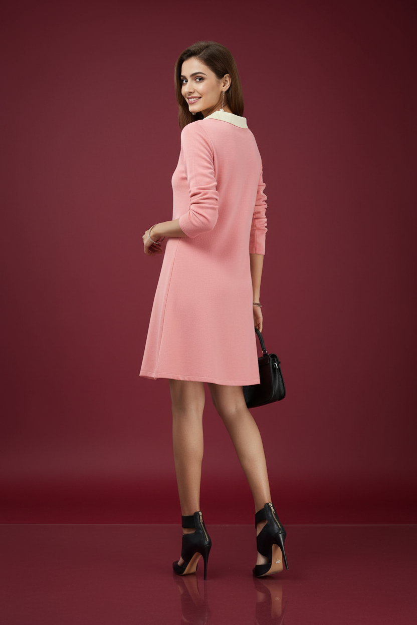 Snuggle Spot Women's Polyester Solid Collar 3-4th Dress (Peach)