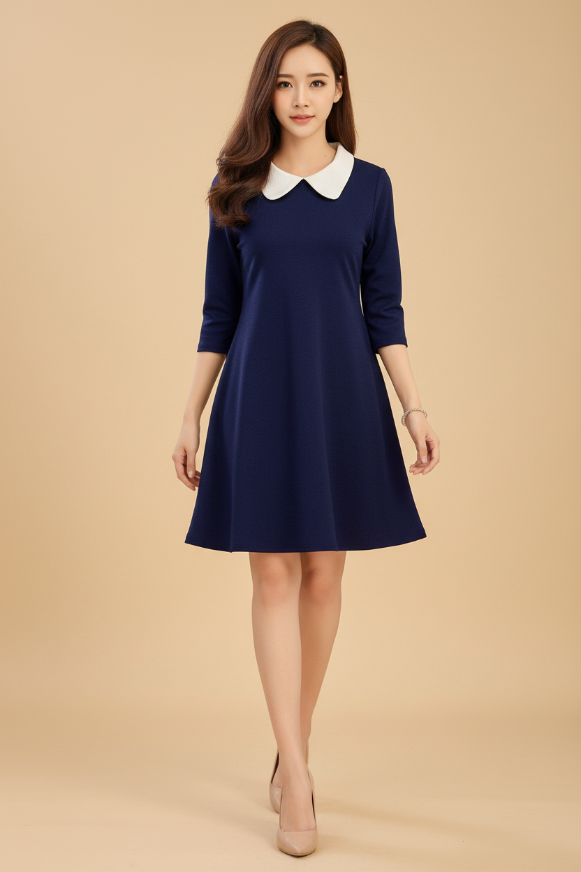 Snuggle Spot Women's Polyester Solid Collar 3-4th Dress (Blue)