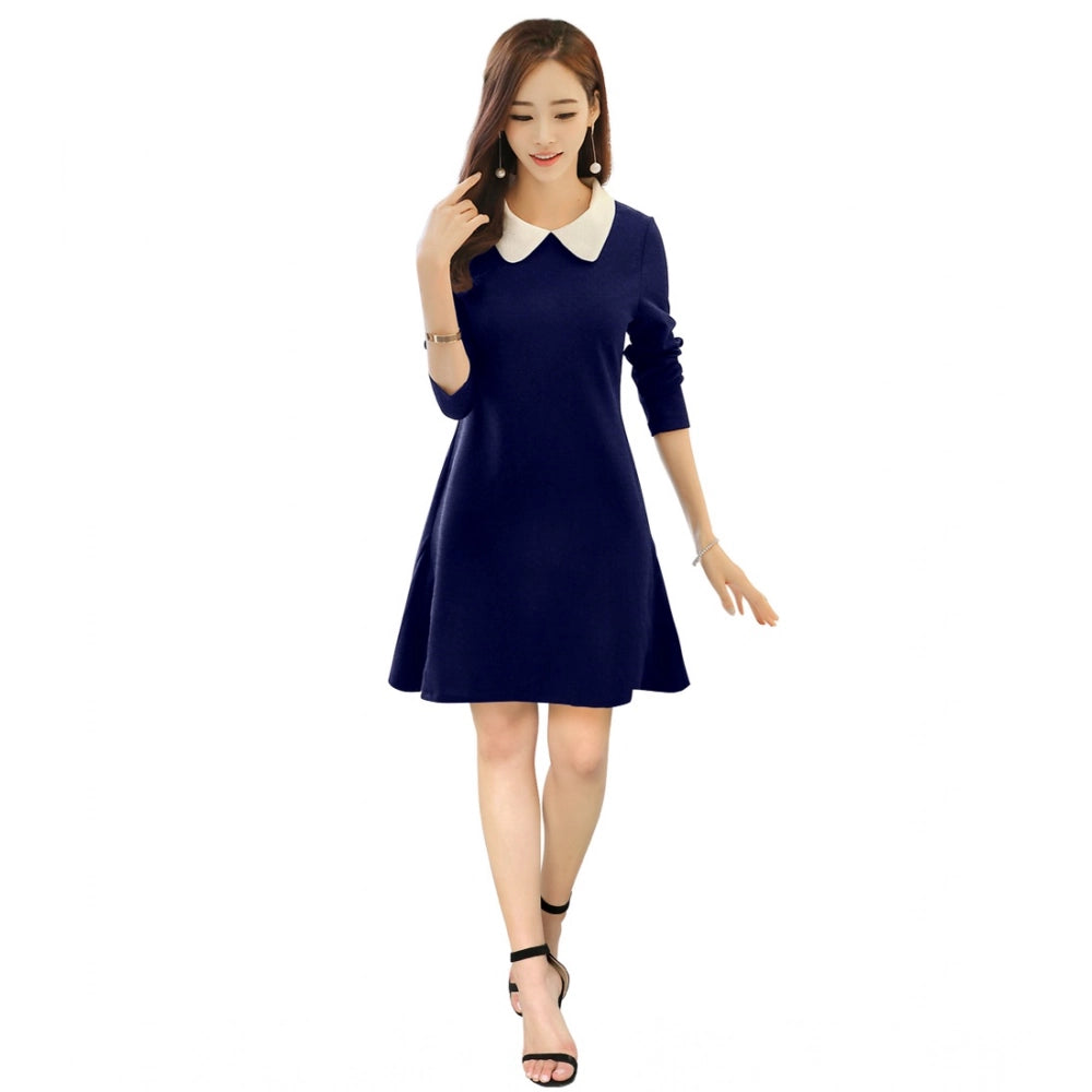 Snuggle Spot Women's Polyester Solid Collar 3-4th Dress (Blue)