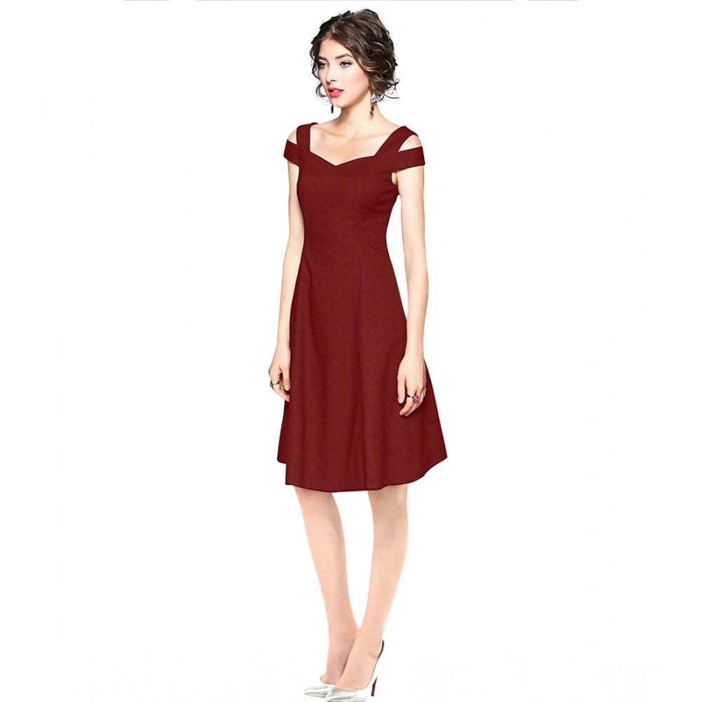 Snuggle Spot Women's Polyester Solid V Neck Cap Sleeve off Shoulder Dress (Maroon)