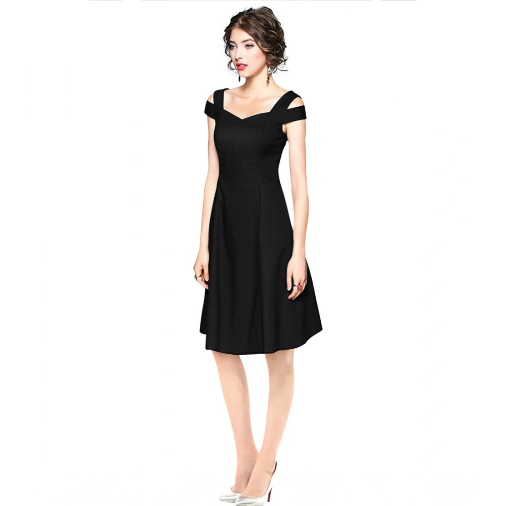 Snuggle Spot Women's Polyester Solid V Neck Cap Sleeve off Shoulder Dress (Black)