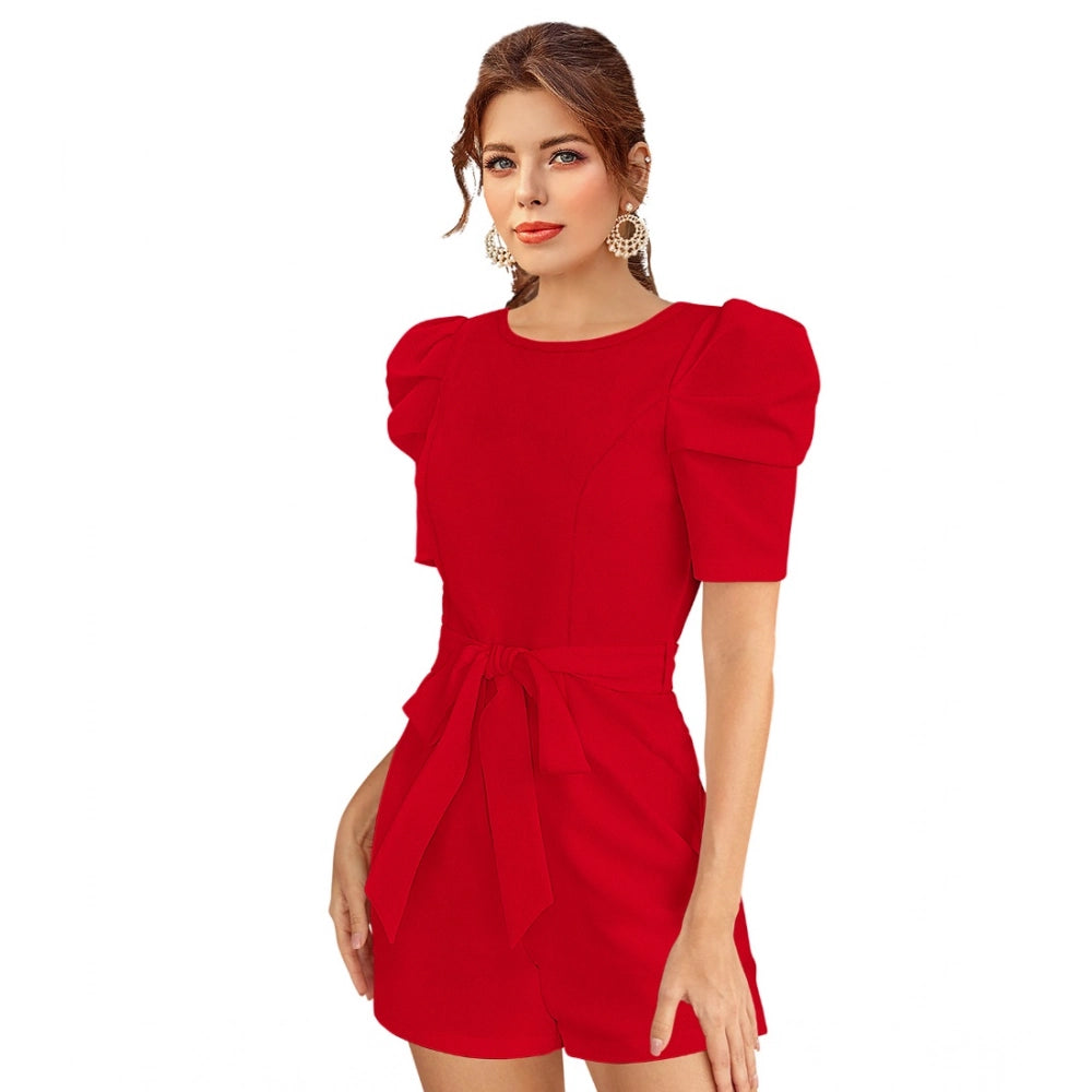 Snuggle Spot Women's Knitting stretchable Solid Round Neck 3-4 Puff Sleeve Dress (Red )