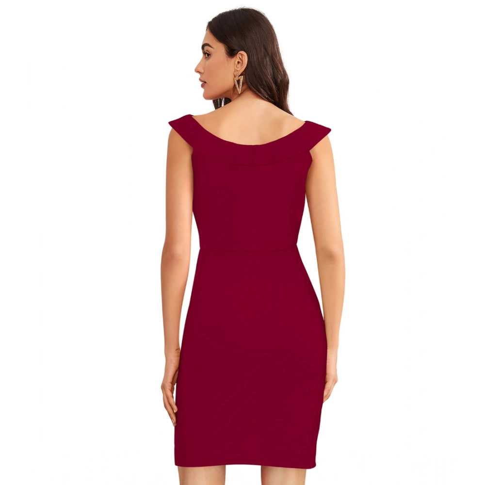 Snuggle Spot Women's Knitting stretchable Solid Round Neck Sleeveless Dress (Maroon)