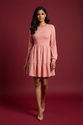 Snuggle Spot Women's Knitting stretchable Solid Round Neck Full Sleeve Dress (Peach)