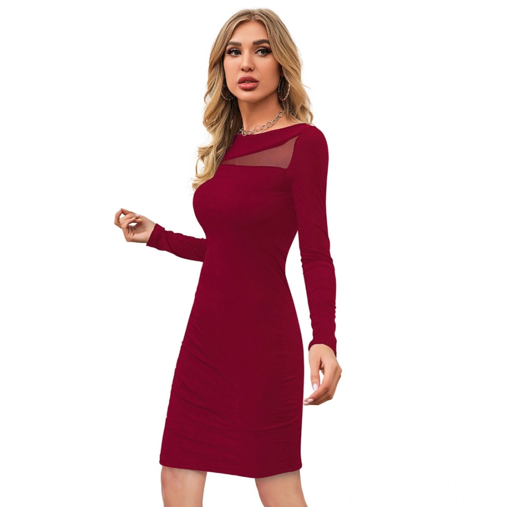 Snuggle Spot Women's Knitting stretchable Solid Round Neck Full Sleeve Dress (Maroon)