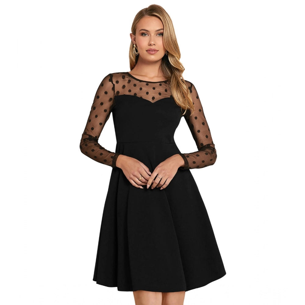 Snuggle Spot Women's Knitting stretchable Solid Round Neck Full Sleeve Dress (Black)
