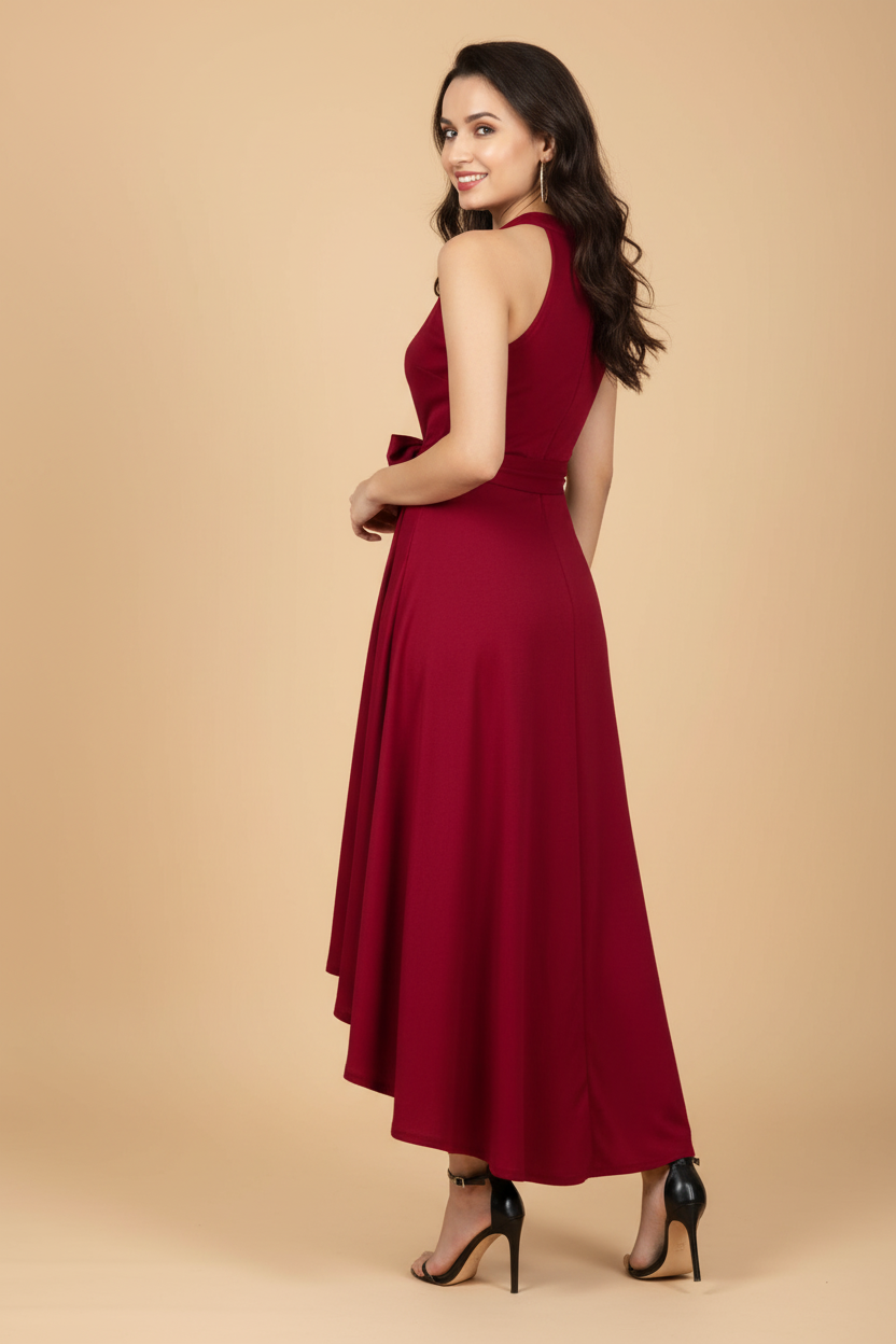 Snuggle Spot Women's Polyster Solid Halter Neck Sleeveless Dress (Maroon)