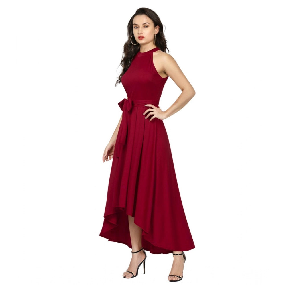 Snuggle Spot Women's Polyster Solid Halter Neck Sleeveless Dress (Maroon)
