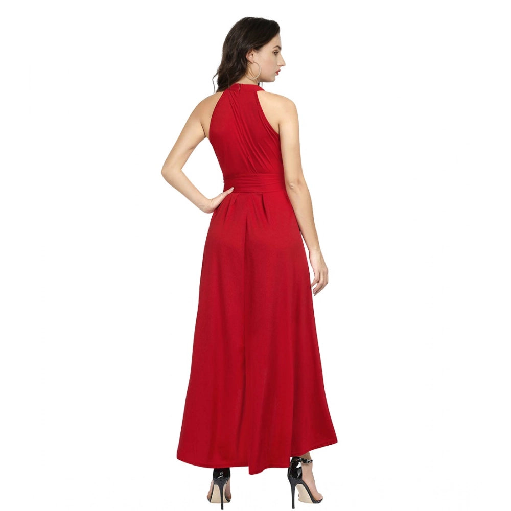 Snuggle Spot Women's Polyster Solid Halter Neck Sleeveless Dress (Red)