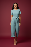 Snuggle Spot Women's Knitting stretchable Solid Round Neck Cap Sleeve Jumpsuit (Pista )