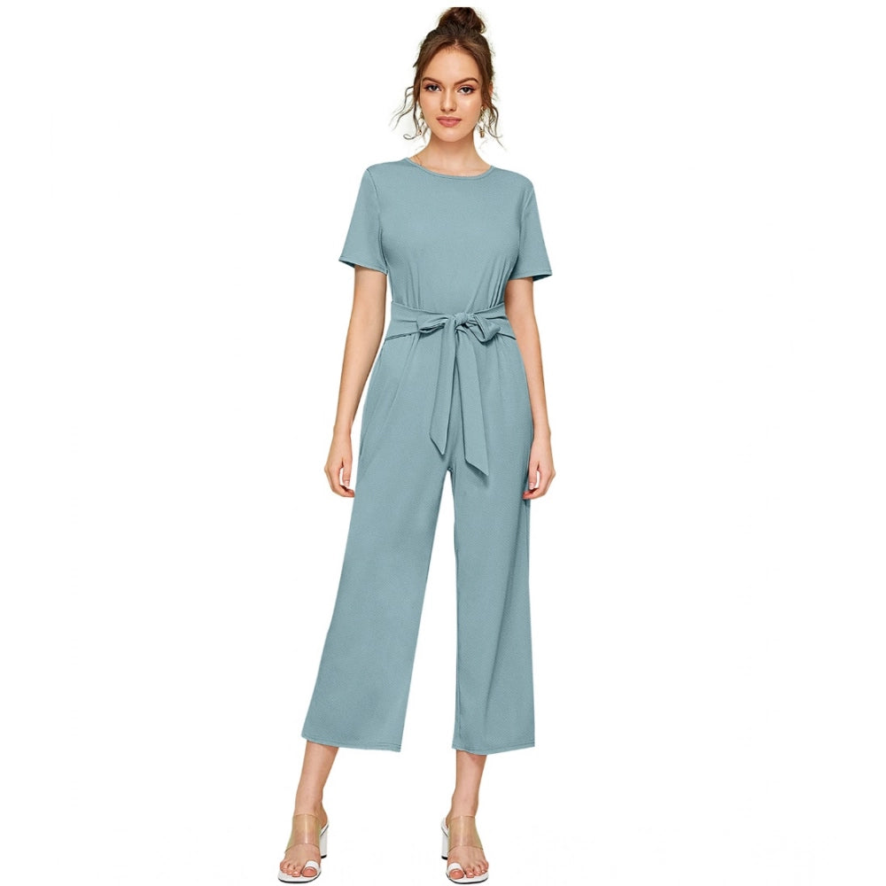 Snuggle Spot Women's Knitting stretchable Solid Round Neck Cap Sleeve Jumpsuit (Pista )