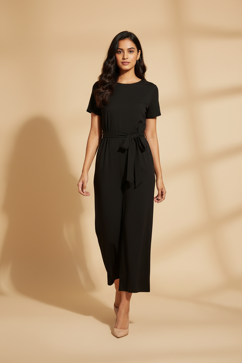Snuggle Spot Women's Knitting stretchable Solid Round Neck Cap Sleeve Jumpsuit (Black)
