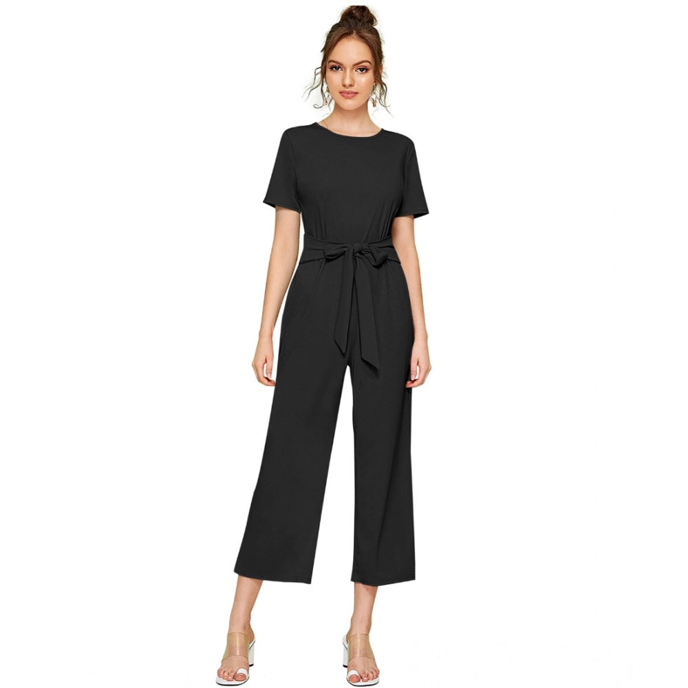 Snuggle Spot Women's Knitting stretchable Solid Round Neck Cap Sleeve Jumpsuit (Black)