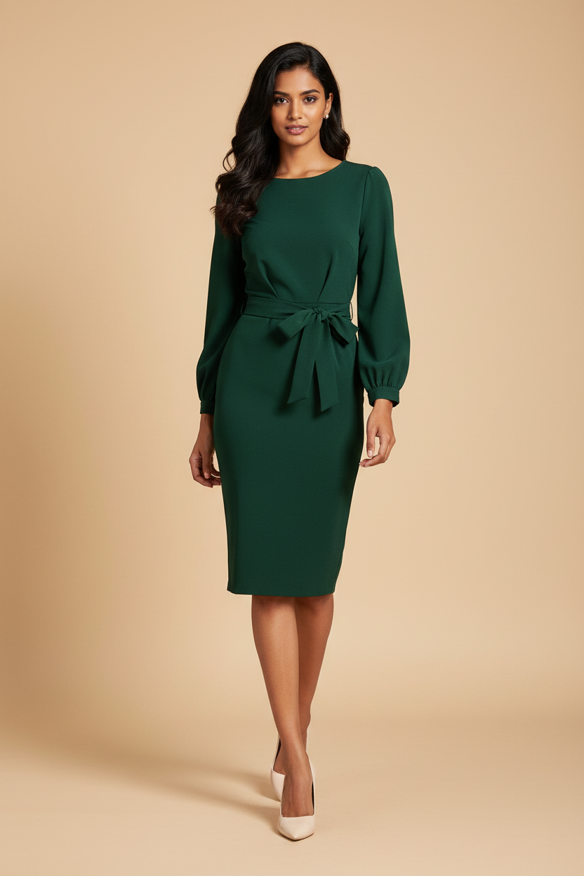 Snuggle Spot Women's Knitting stretchable Solid Round Neck Full Sleeve Dress (Green)