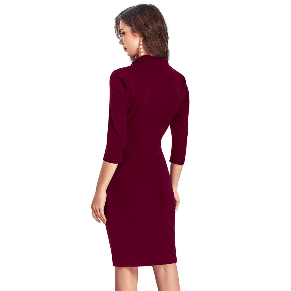 Snuggle Spot Women's Knitting stretchable Solid Round Neck 3-4th Dress (Maroon)