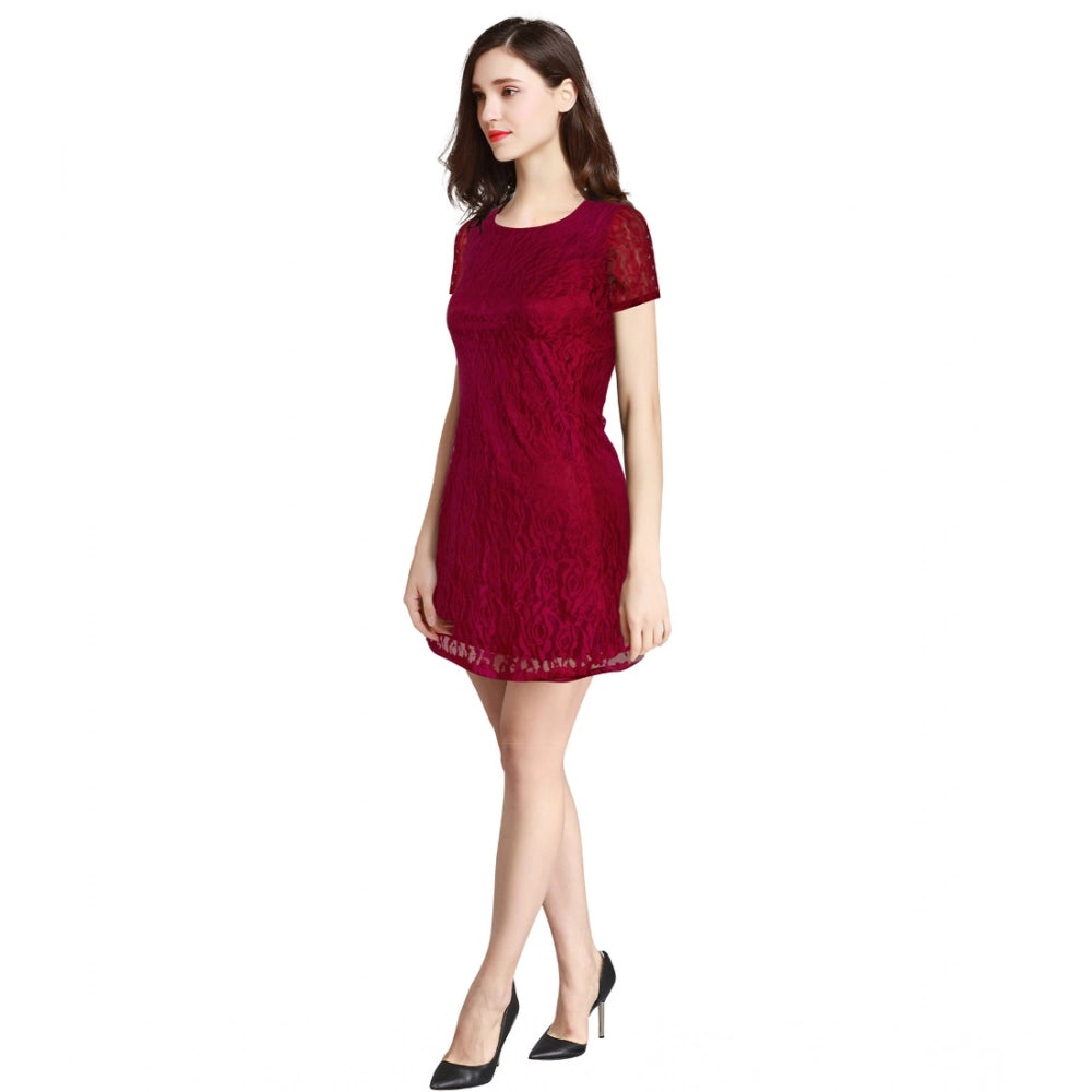 Snuggle Spot Women's Rasal Solid Round Neck Cap Sleeve Dress (Maroon)