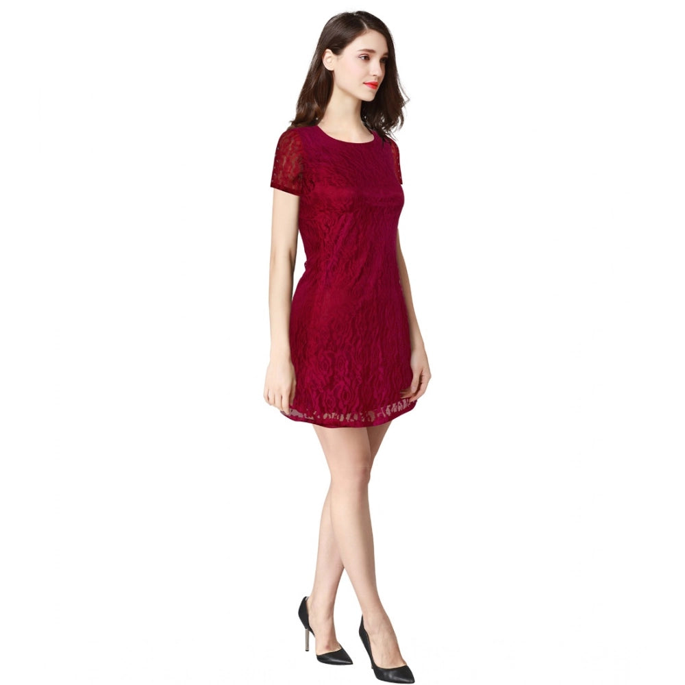 Snuggle Spot Women's Rasal Solid Round Neck Cap Sleeve Dress (Maroon)