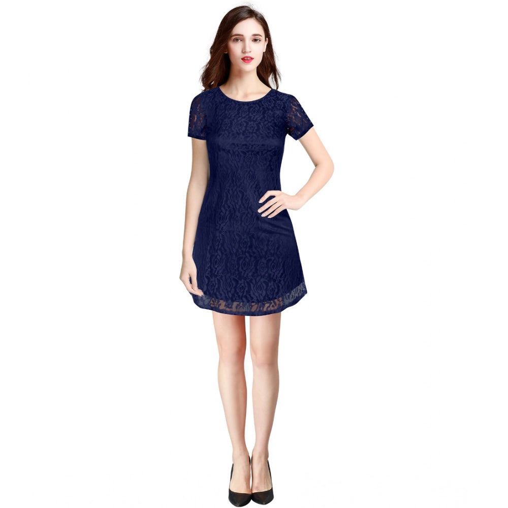 Snuggle Spot Women's Rasal Solid Round Neck Cap Sleeve Dress (Blue)
