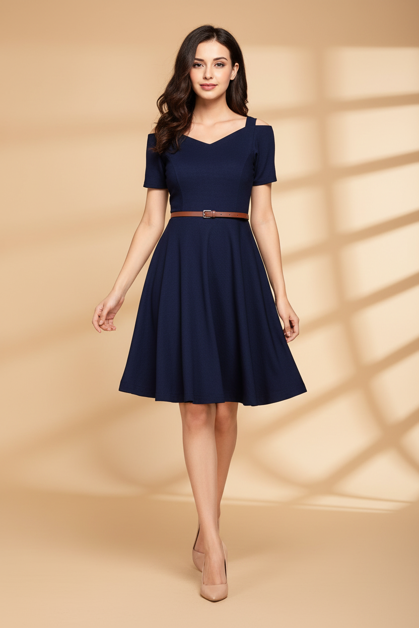 Snuggle Spot Women's Polyester Solid V Neck Cap Sleeve Dress (Blue)
