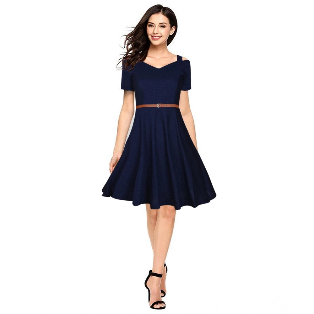 Snuggle Spot Women's Polyester Solid V Neck Cap Sleeve Dress (Blue)