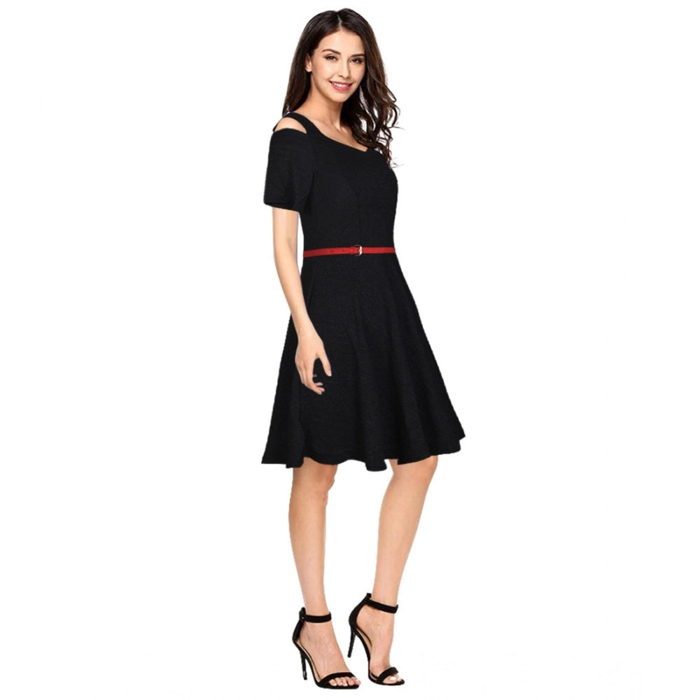 Snuggle Spot Women's Polyester Solid V Neck Cap Sleeve Dress (Black)