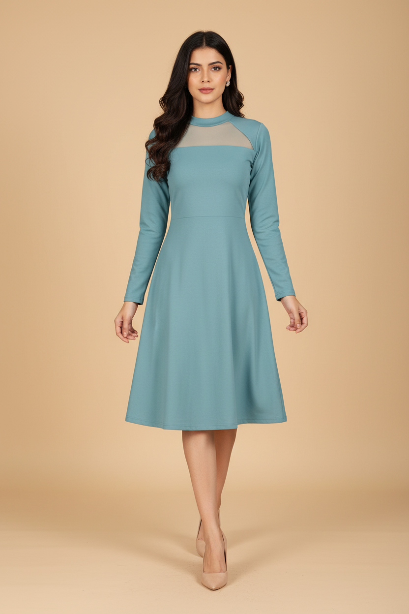 Snuggle Spot Women's Knitting stretchable Solid Round Neck Full Sleeve Dress (Pista)