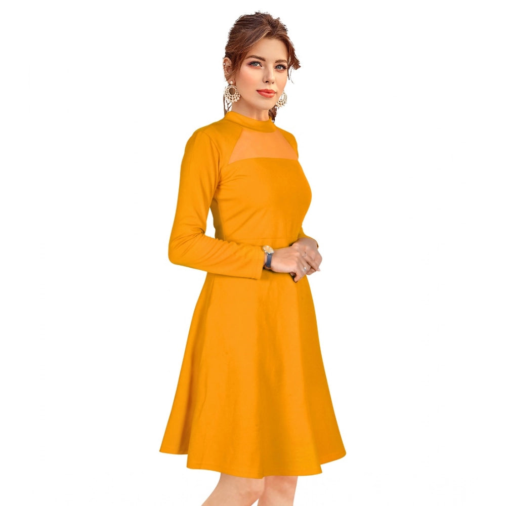 Snuggle Spot Women's Knitting stretchable Solid Round Neck Full Sleeve Dress (Yellow)