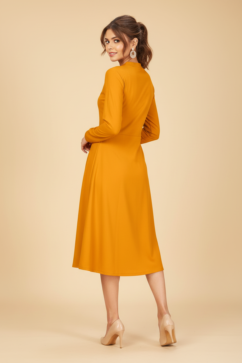 Snuggle Spot Women's Knitting stretchable Solid Round Neck Full Sleeve Dress (Yellow)