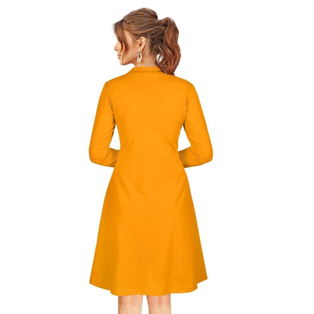 Snuggle Spot Women's Knitting stretchable Solid Round Neck Full Sleeve Dress (Yellow)