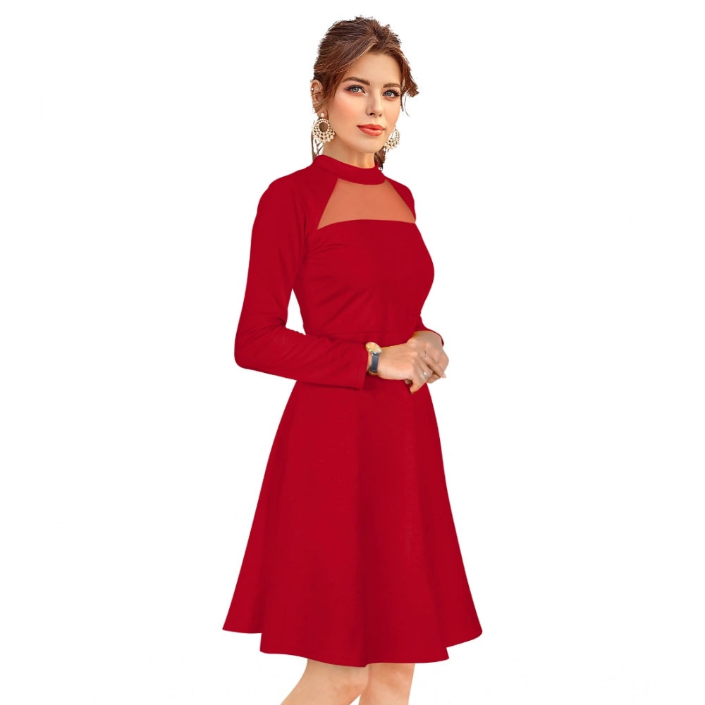 Snuggle Spot Women's Knitting stretchable Solid Round Neck Full Sleeve Dress (Red)