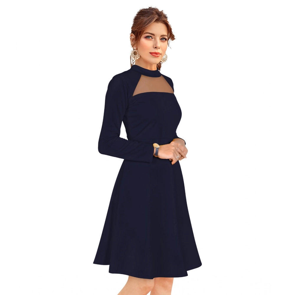 Snuggle Spot Women's Knitting stretchable Solid Round Neck Full Sleeve Dress (Blue)