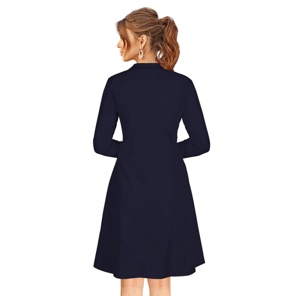 Snuggle Spot Women's Knitting stretchable Solid Round Neck Full Sleeve Dress (Blue)