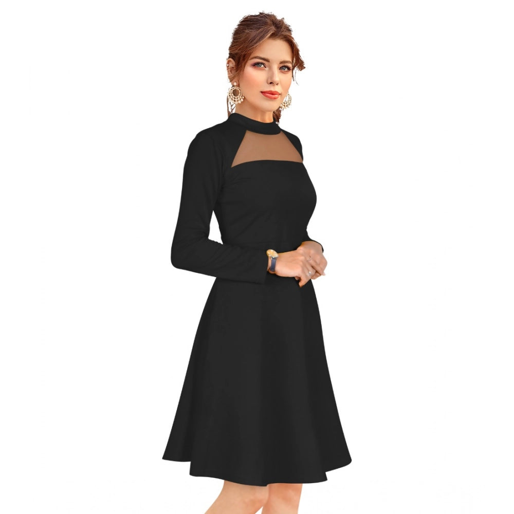 Snuggle Spot Women's Knitting stretchable Solid Round Neck Full Sleeve Dress (Black)