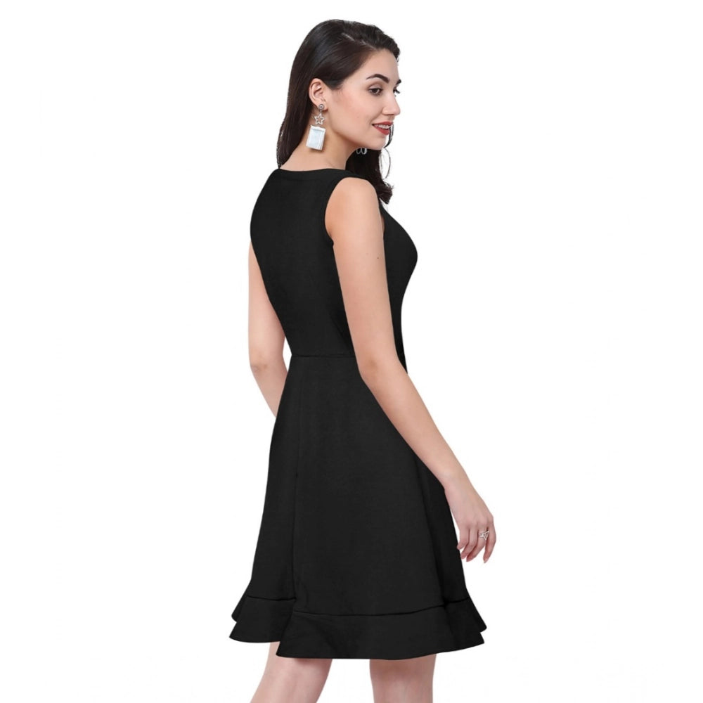 Snuggle Spot Women's Polyester Solid Round Neck Sleeveless Dress (Black)