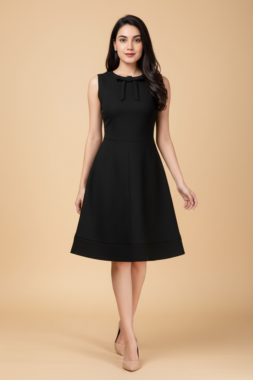 Snuggle Spot Women's Polyester Solid Round Neck Sleeveless Dress (Black)
