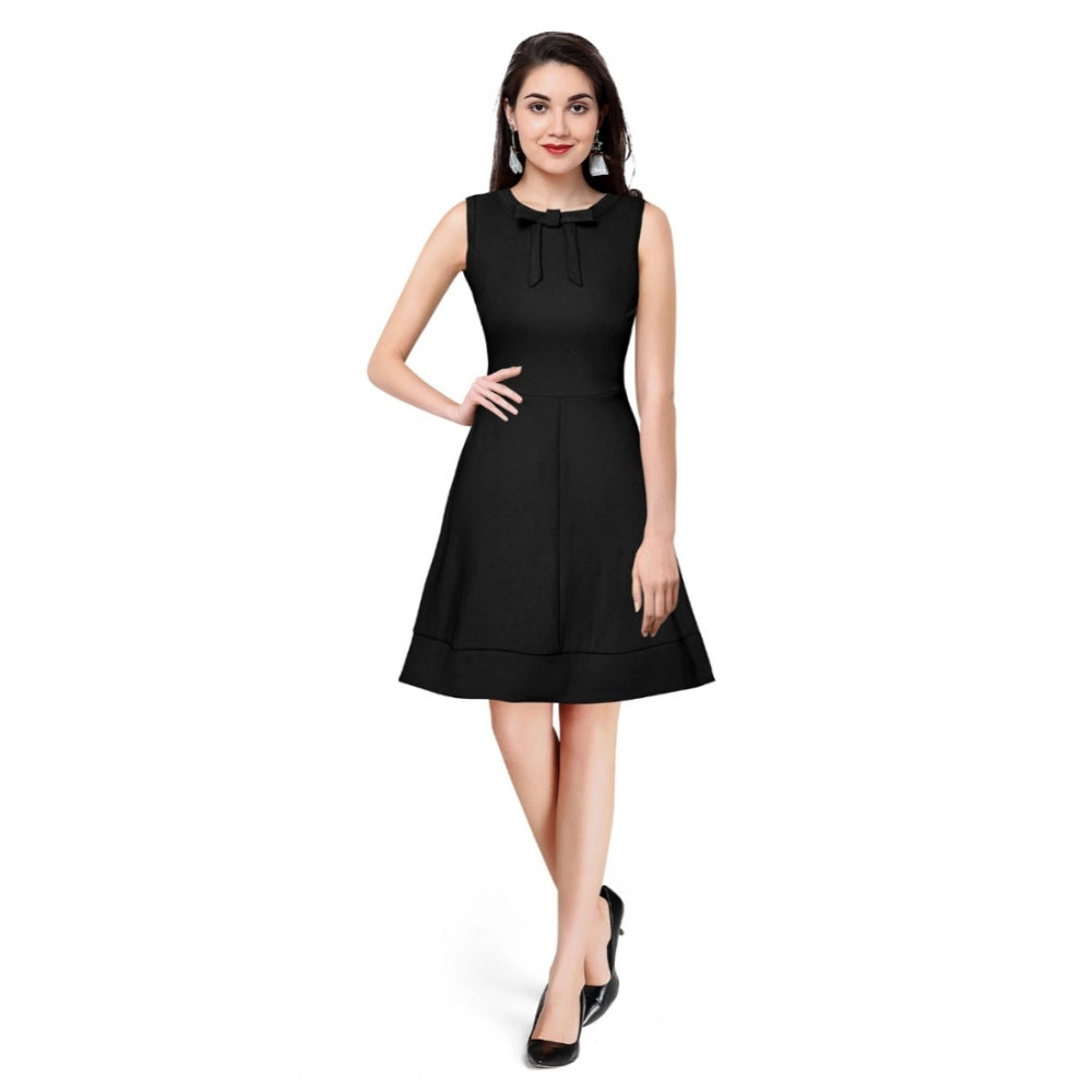 Snuggle Spot Women's Polyester Solid Round Neck Sleeveless Dress (Black)