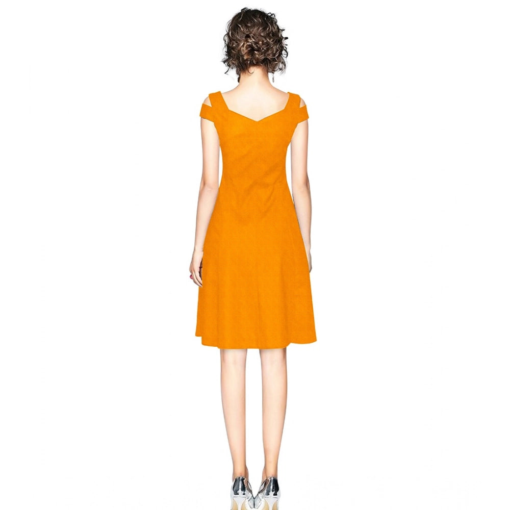 Snuggle Spot Women's Polyester Solid V Neck Cap Sleeve off Shoulder Dress (Yellow)