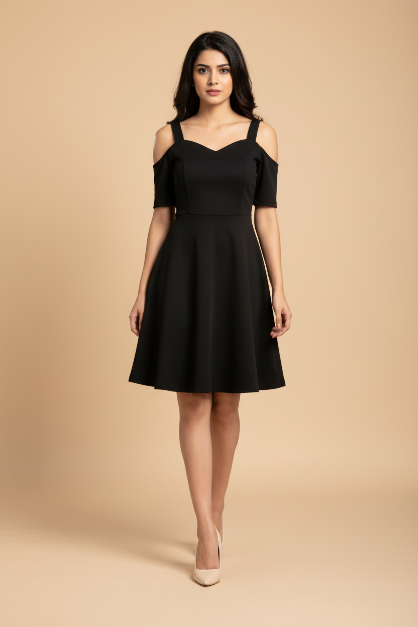 Snuggle Spot Women's Polyester Solid V Neck Cap Sleeve off Shoulder Dress (Black)
