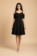 Snuggle Spot Women's Polyester Solid V Neck Cap Sleeve off Shoulder Dress (Black)